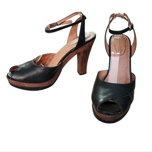 Corso Como Shoes Womens 6 Black Leather Ankle Strap Peep Toe Platform Heels - Picture 4 of 13